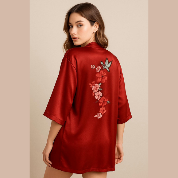 NWT NEW Honey Belle Red Hummingbird Floral Kimono Robe